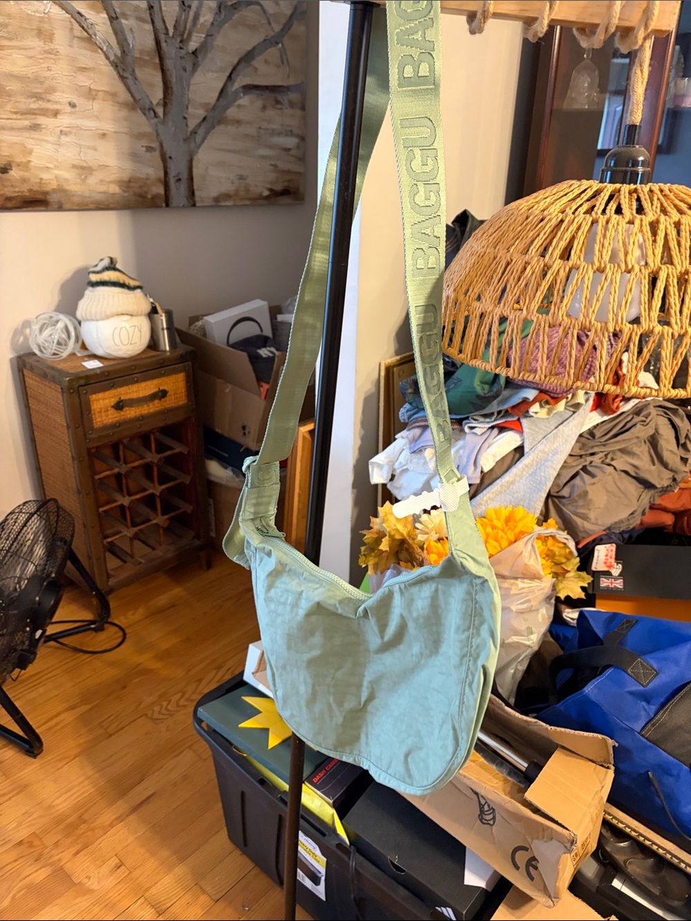 BAGGU Crossbody Bag in Sage Green with Branded Strap